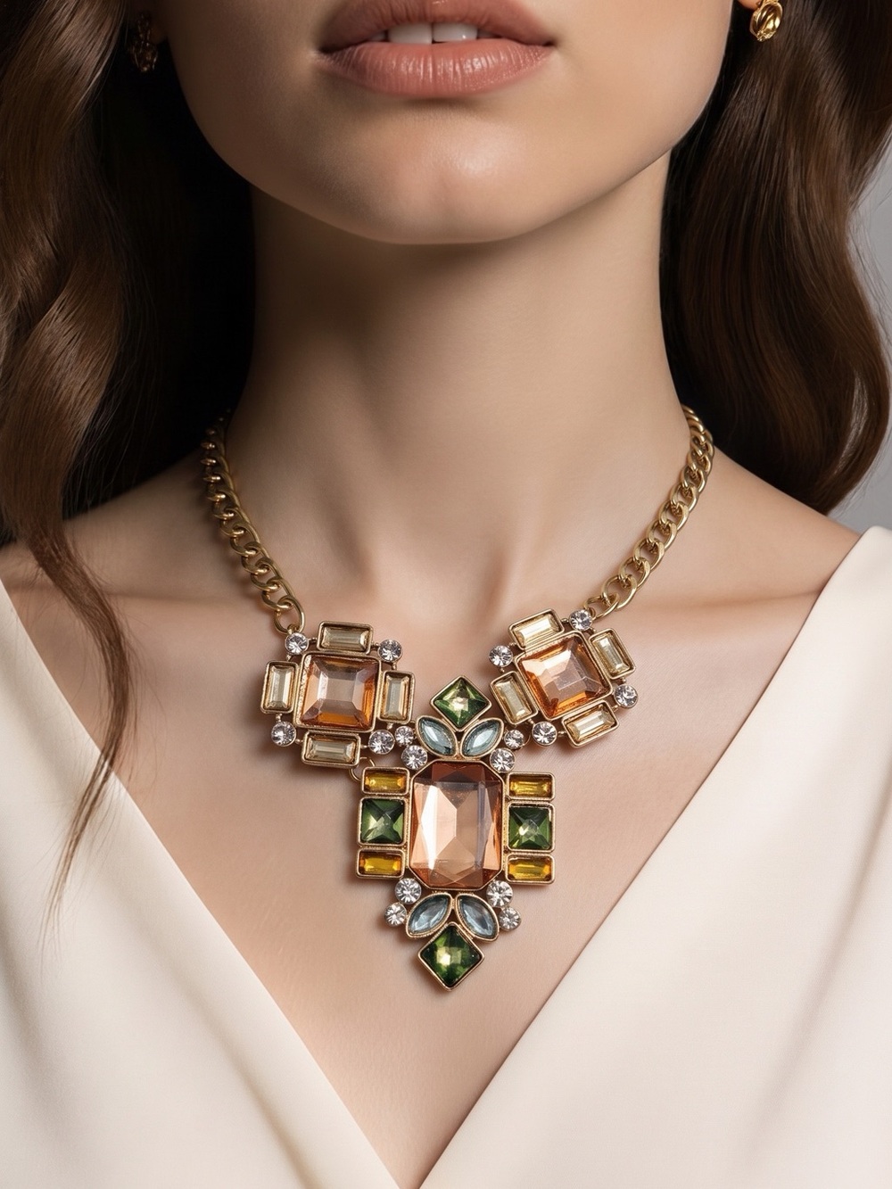 Gold-Tone Statement Necklace with Amber Peach and Green Stones